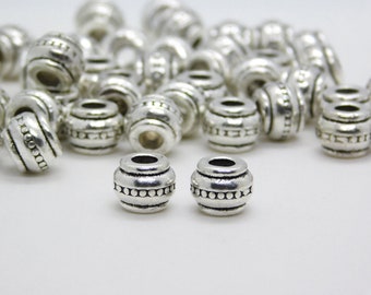 10 Pieces - 9x7mm Antique Silver Drum Beads - Large Hole Beads - Metal Spacer Beads - Jewelry Supplies - Craft Supplies