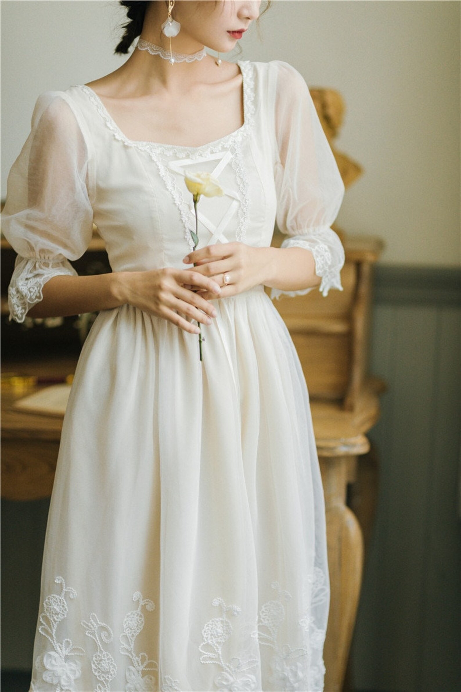 Vintage Retro Dress Women French Style Lace Floral Petal Etsy