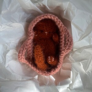 Newborn Kitten Sleeping Fluffy Ginger Toy. Realistic Cat in the coral basket|crib. Crochet Handmade Gift for Toddlers.