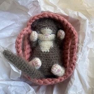 Newborn Kitten Sleeping Fluffy Dark Brown Toy. Realistic Cat in the basket|crib. Crochet Handmade Gift for Toddlers.