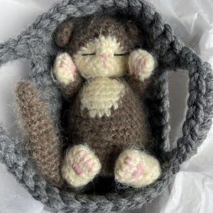 Christmas Gift Newborn Kitten Sleeping Fluffy Dark Brown Toy. Realistic Cat in the basket|crib. Crochet Handmade Gift for Toddlers.