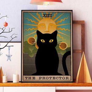 Affiche sans cadre Le protecteur, carte de tarot, oeuvre d'art chat noir, affiche de la carte le chat, idée cadeau chat noir, affiche de la carte de tarot, le magicien