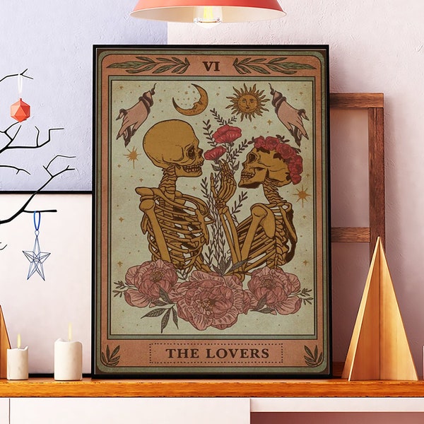 The Lovers Tarot Card Poster, Tarot Lovers Art, Skeleton Couple Poster, Yarn Tarot Home Decor, Tarot Card Poster, The Magician Wall Decor