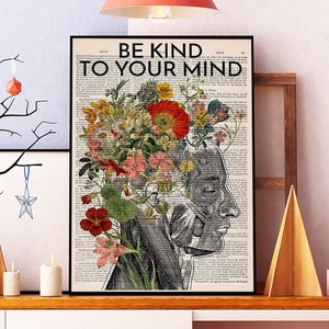 Sii gentile con la tua mente Poster vintage, Poster con testa di vaso di fiori, Regalo per amanti del giardinaggio, Cartello floreale, Regalo per amanti dei fiori, Casa, Salute mentale