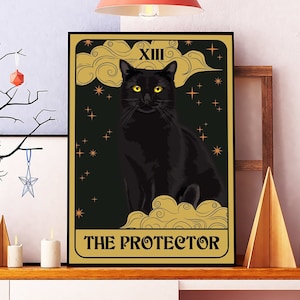 Affiche vintage de carte de tarot le protecteur, art du chat noir avec le soleil, affiche de la carte du chat, cadeau chat noir, affiche de la carte de tarot, le magicien