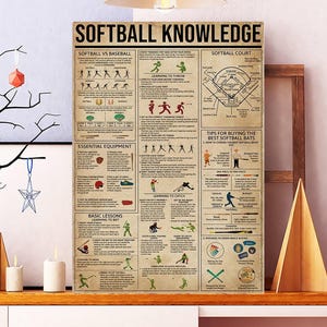 Könnte beinhalten: Ein Poster mit dem Titel "Softball Knowledge" mit Diagrammen und Text über die Grundlagen des Softballs, die Ausrüstung und Tipps. Das Poster wird auf einem Holzregal mit dekorativen Gegenständen ausgestellt, darunter ein schwarzer Ast mit Ornamenten.