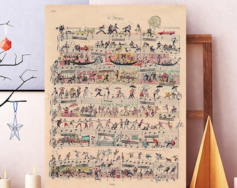 Unframed Music Sheet Art Poster, Musical Life Print, Whimsical Orchestra Scene Wall Art, Music Lover Gift, Artistic Music Poster