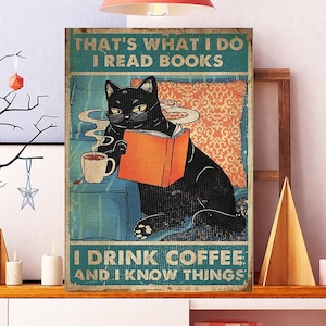 Unframed Black Cat Vintage Poster, That&#39;s What I Do I Read Books I Drink Coffee Poster, Reading Book , Black Cat Lover Gift, Coffee Decor