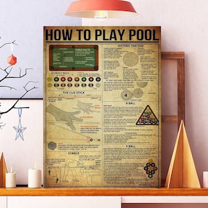 May include: A framed poster titled "How to Play Pool" with diagrams and text. The poster is displayed on a white shelf with decorative items, including candles, a tree branch with ornaments, and a red pendant light.