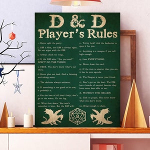 Puede incluir: Una impresión en lienzo verde enmarcada con texto dorado, titulada "Reglas del jugador D & D". La impresión presenta una lista de 20 reglas, dos ilustraciones de dragones y un gráfico de dados. La impresión se muestra en un estante blanco con elementos decorativos.