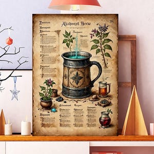 May include: A vintage-style poster titled "Alchemist Brew" features a detailed illustration of a mug with a glowing liquid, surrounded by botanical elements and text. The poster is displayed on a wooden shelf with decorative items, including candles and geometric ornaments.