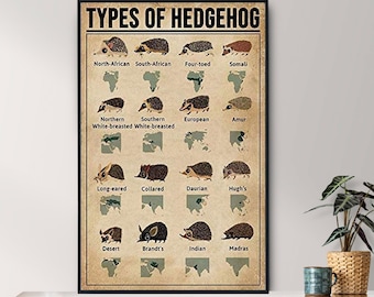 Unframed Types Of Hedgehog Poster, Hedgehog Lover Gift, All About Hedgehog, Vintage Knowledge Poster, Hedgehog Art, Home , Education