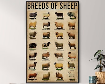Unframed Breeds Of Sheep Poster, Sheep Lover Gift, Sheep Vintage Art, Vintage Knowledge Poster, Home , Education , Farmhouse