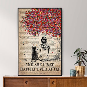 Unframed And She Lived Happily Ever After Vintage Poster, Girl Loves Cat, Girl With Black Cat Poster, Cat Print, Cat Lover Gift, Living Room
