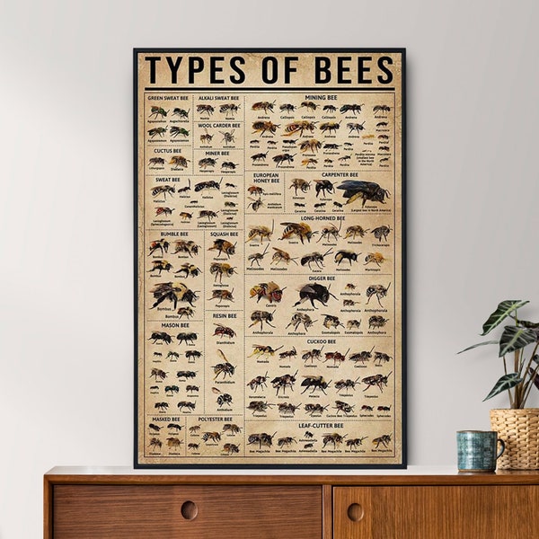 Types Of Bees Vintage Poster, Bee Lover Gift, All About Bee, Vintage Knowledge Poster, Knowledge Art, Home Wall Art, Education Wall Decor