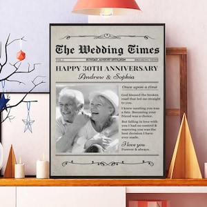 Ungerahmtes benutzerdefiniertes Zeitungsplakat zum 30-jährigen Jubiläum, personalisierter Jahrestag des Paares mit Bildplakat, speichern Sie das Datum die Hochzeitszeiten