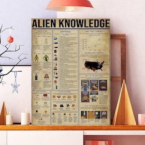 May include: A framed poster titled "Alien Knowledge" with detailed infographics on alien types, defense strategies, and abduction scenarios. The poster is displayed on a white shelf with decorative items, including candles, ornaments, and a red pendant light.