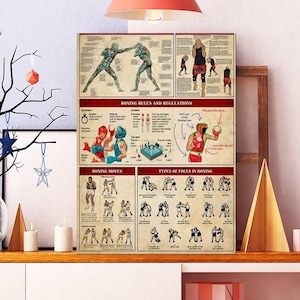 May include: A framed poster with boxing rules and regulations, boxing moves, and types of fouls in boxing. The poster is displayed on a white shelf with decorative items, including candles, a tree branch with ornaments, and a red pendant light.