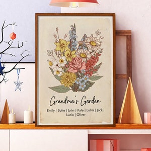 Custom Birth Flower Bouquet, Poster, Custom Grandma&#39;s Garden Poster, Mom Personalized Gift, Birth Flower Bouquet Gift for Mom, Mothers Day