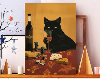 Ungerahmtes Rotweinplakat der schwarzen Katze, Katzentrinken Wein Kunstdruck, Katzenglasweinplakat, Rotweinillustration, Küche, Weinbar