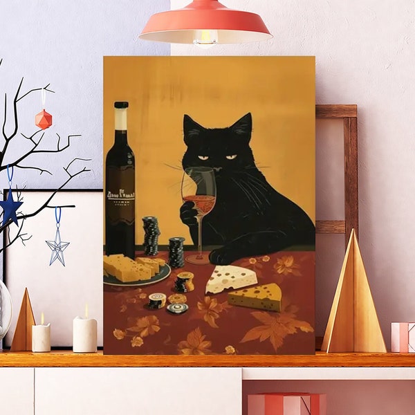 Póster de gato negro sin marco con vino tinto, impresión artística de gato bebiendo vino, póster de gato con copa de vino, ilustración de vino tinto, cocina, bar de vinos