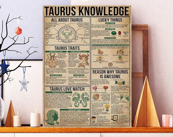 Unframed Taurus Knowledge Poster, All About Taurus Art, Taurus Sign Poster, Star Sign Poster, Retro Zodiac , Astrology Zodiac Poster