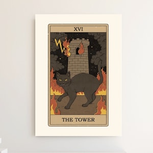 Black Cat The Tower Poster, Tarot Card Print, Black Cat Lover Tarot Wall Art, Home Decoration, Tarot Lover