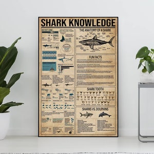 Poster vintage di conoscenza degli squali senza cornice, regalo per gli amanti degli squali, tutto sugli squali, poster di conoscenza, arte della conoscenza, casa, istruzione