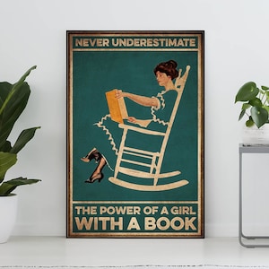 Non sottovalutare mai il potere di una ragazza con un libro Poster vintage, regalo per gli amanti dei libri, regalo per topi di biblioteca, arte retrò per ragazze che leggono, hobby per ragazze