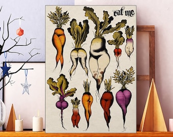 Booty Butt Funny Carrot Booty Poster, Vintage Plant Poster Bedroom Wall Art, Funny Vegetable Carrot Poster, Cactus Mushroom Carrot Art