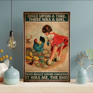 Es war einmal ein Mädchen, das geliebte Hühner wirklich liebte Vintage Plakat, Mädchen mit Hühnern Plakat, Hühnerliebhaber Geschenk Plakat