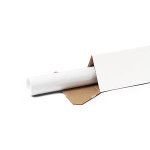 May include: A rolled-up white print is partially visible inside a white rectangular shipping box with a brown cardboard interior. The box is open, revealing the print.