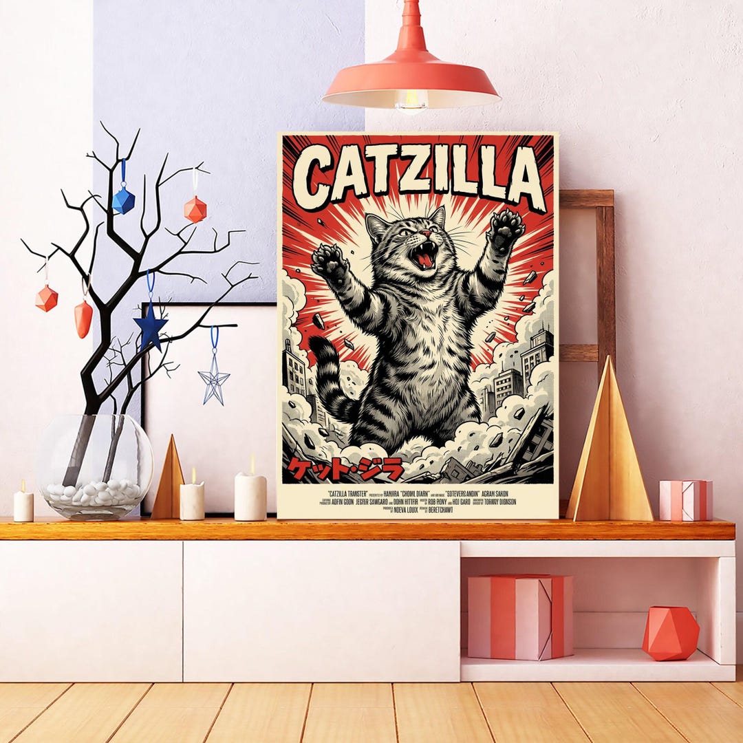 Unframed Catzilla Poster, Giant Monster Cat Wall Art, Funny Cat Kaiju ...