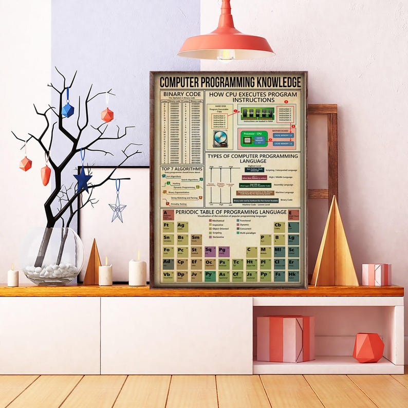 Peut inclure: Une affiche encadr&eacute;e intitul&eacute;e "COMPUTER PROGRAMMING KNOWLEDGE" avec des informations sur le code binaire, les instructions du processeur, les algorithmes et les langages de programmation. L'affiche est expos&eacute;e sur une &eacute;tag&egrave;re blanche avec des objets d&eacute;coratifs.