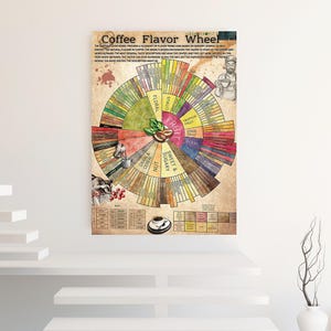 May include: A coffee flavor wheel poster with a circular design, featuring a range of flavor descriptors. The wheel is divided into sections with terms like "fruit," "spice," and "floral." A cup of coffee and a sprig of coffee beans are also shown.