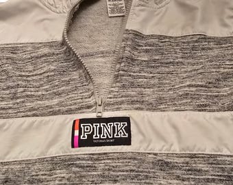 Victoria’s Secret PINK Quarter Zip Hoodie – Gray White Logo – Y2K Streetwear Loungewear Size Large