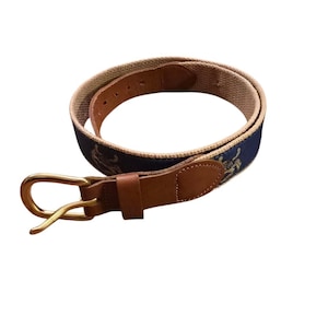 VTG 80s Preppy Navy Crab Belt – Connecticut Style Leather Fabric Belt 32 – New England Coastal Brown Nautical Men’s Accessory