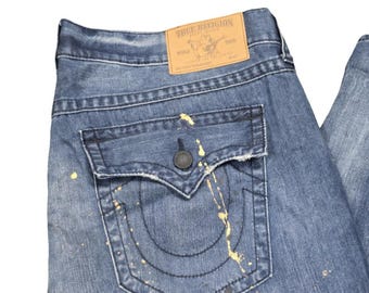 True Religion Men’s 42x33 Straight Leg Jeans Blue Denim Flap Pockets Distressed