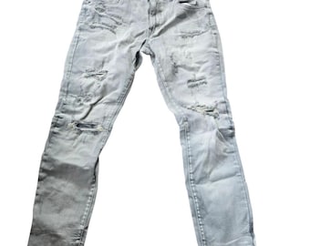 Pantalones vaqueros Smoke Rise Y2K grises desgastados de corte bota para hombre, talla 34x30, estilo streetwear, vaqueros vintage grunge skater de los años 2000.