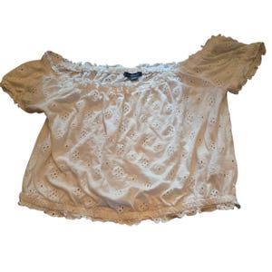 Boho Off Shoulder White Crop Top – Medium Embroidered Floral Festival Blouse, Peasant Style Cottagecore Summer Shirt AE Inspired