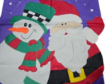 Vintage Happy Holidays Christmas Banner, Purple Garden Flag with Santa & Snowman, Double-Sided 41x28