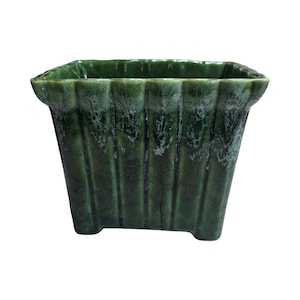 Vintage MCM Green Drip Glaze Planter Ribbed Ceramic Pot USA Pottery Mid Century Modern Indoor Plant Pot Retro Boho Decor
