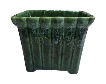 Maceta vintage de cerámica acanalada con esmalte verde de goteo estilo MCM, fabricada en EE. UU., estilo moderno de mediados de siglo, para plantas de interior, decoración retro bohemia.