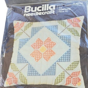 Bucilla Calico 16&quot; Square Decorator Pillow Kit | NOS Vintage Needlecraft Kit #48681 | DIY Home Decor