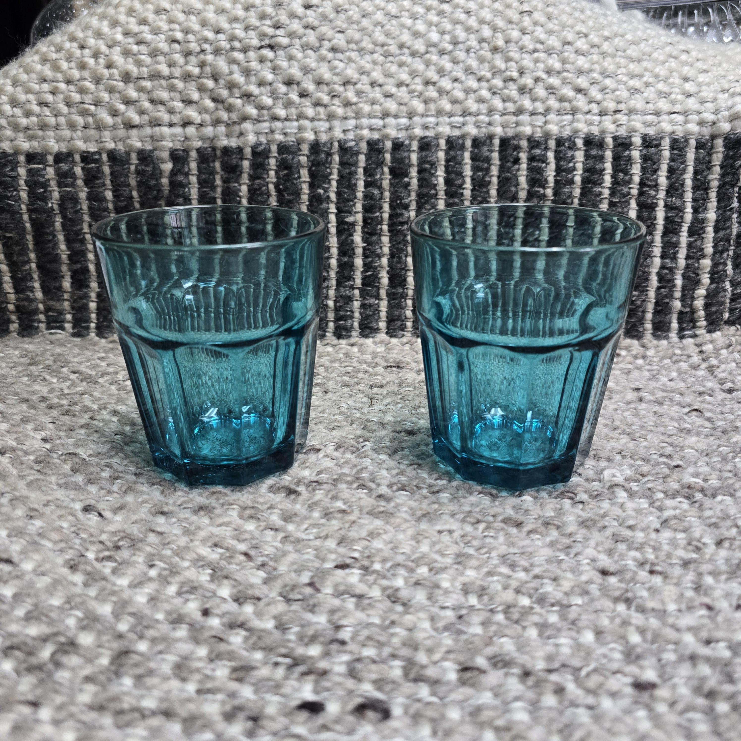Vintage IKEA POKAL Teal Blue Glass Tumblers – Set of 2 | Discontinued 12 oz Paneled Drinking Glasses
