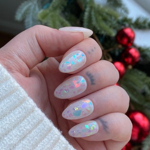 White Opal Iridescent Glitter PRESS ON NAILS | Milky White Nails, Sequin Nails, Birthday Nails, Colorful, Party Nails, Summer Nails