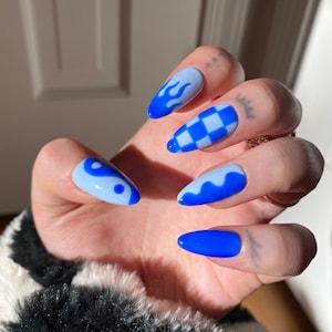 Blue Mix Match Gel PRESS ON NAILS | Flame Nails, Yin Yang Nails, Checkered Nails, Y2K nails, Retro Nails, Fake Nails