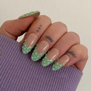 Green French Tip Rhinestone PRESS ON NAILS | Iridescent Nails, Euphoria Nails, Pastel Nails, Studded Nails, Trendy Nails, Cassie Nails