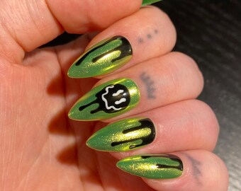 Green Chrome Drip PRESS ON NAILS | Black and Green Chrome Nails, Melting Smile Nails, Y2k Nails, Trendy Nails, Punk Nails, Euphoria Nails
