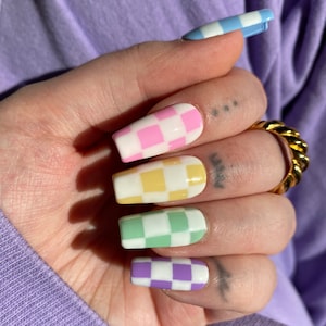 Pastel Retro Checkered Gel PRESS ON NAILS | Y2K, Pink, Purple, Blue, Purple, Yellow Glue on Nails